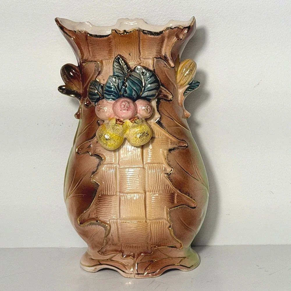 Vintage Majolica-Style Ceramic Fruit Vase Basket Weave Gold Trim 8 Inch